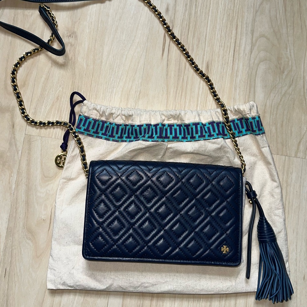 Tory Burch Quilted Blue Crossbody Wallet Bag